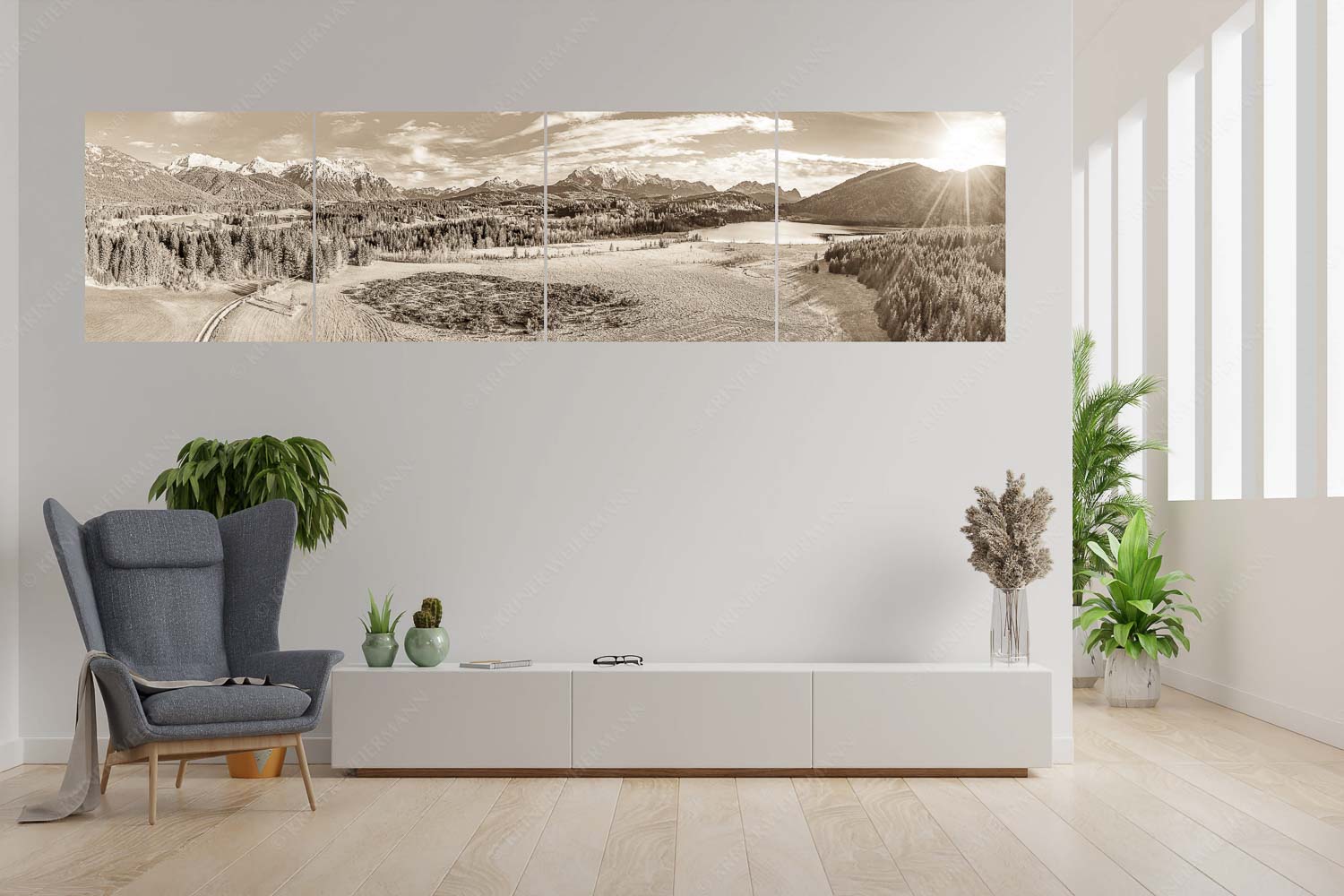 Panorama vom Barmsee mit Karwendel- und Wettersteingebirge - Hoamat - 4er Split, Größe ca. 280x70cm, Seitenverhältnis 4:1 - Karwendel Wetterstein und Barmsee - weitere Infos unter https://www.kriner-weiermann.de