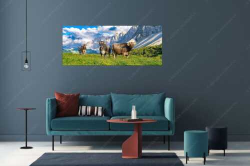 Jungvieh am Hochalmsattel im Karwendel mit Lalidererwand im Hintergrund - Hochalm II - Größe ca. 175x70cm, Seitenverhältnis 2,5:1 - Junge Kühe mit Laliderer im Karwendel - weitere Infos unter https://www.kriner-weiermann.de