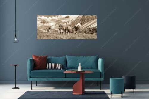 Jungvieh am Hochalmsattel im Karwendel mit Lalidererwand im Hintergrund - Hochalm II - Größe ca. 175x70cm, Seitenverhältnis 2,5:1 - Junge Kühe mit Laliderer im Karwendel - weitere Infos unter https://www.kriner-weiermann.de