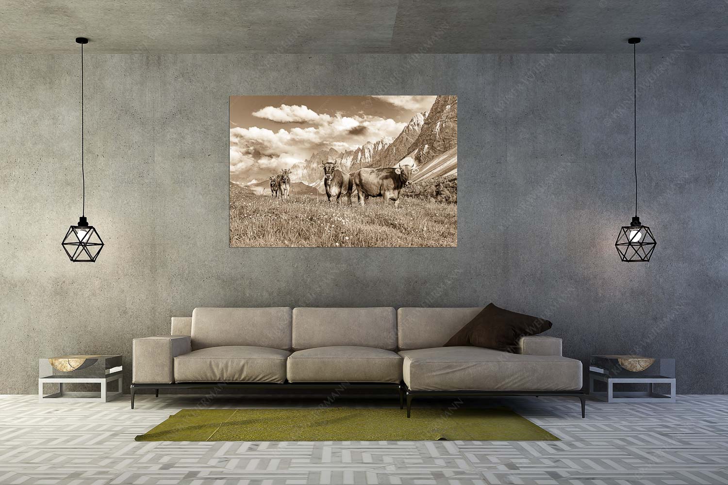 Hochalm II – Größe ca. 180x120cm, Seitenverhältnis 3:2 — Junge Kühe mit Laliderer im Karwendel Jungvieh am Hochalmsattel im Karwendel mit Lalidererwand im Hintergrund - Hochalm II - Größe ca. 180x120cm, Seitenverhältnis 3:2 - Junge Kühe mit Laliderer im Karwendel - weitere Infos unter https://www.kriner-weiermann.de