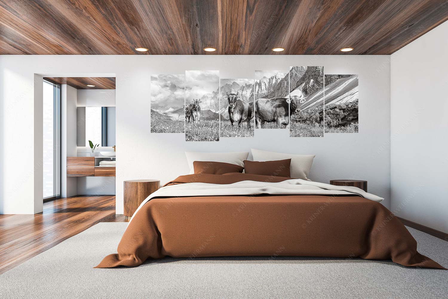 Hochalm II – 6er Split, Größe ca. 280x112cm, Seitenverhältnis 2,5:1 — Junge Kühe mit Laliderer im Karwendel Jungvieh am Hochalmsattel im Karwendel mit Lalidererwand im Hintergrund - Hochalm II - 6er Split, Größe ca. 280x112cm, Seitenverhältnis 2,5:1 - Junge Kühe mit Laliderer im Karwendel - weitere Infos unter https://www.kriner-weiermann.de