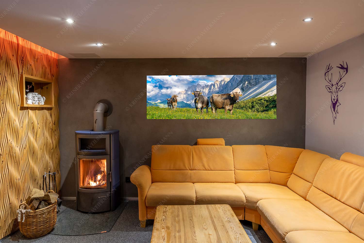 Hochalm II – Größe ca. 180x60cm, Seitenverhältnis 3:1 — Junge Kühe mit Laliderer im Karwendel Jungvieh am Hochalmsattel im Karwendel mit Lalidererwand im Hintergrund - Hochalm II - Größe ca. 180x60cm, Seitenverhältnis 3:1 - Junge Kühe mit Laliderer im Karwendel - weitere Infos unter https://www.kriner-weiermann.de