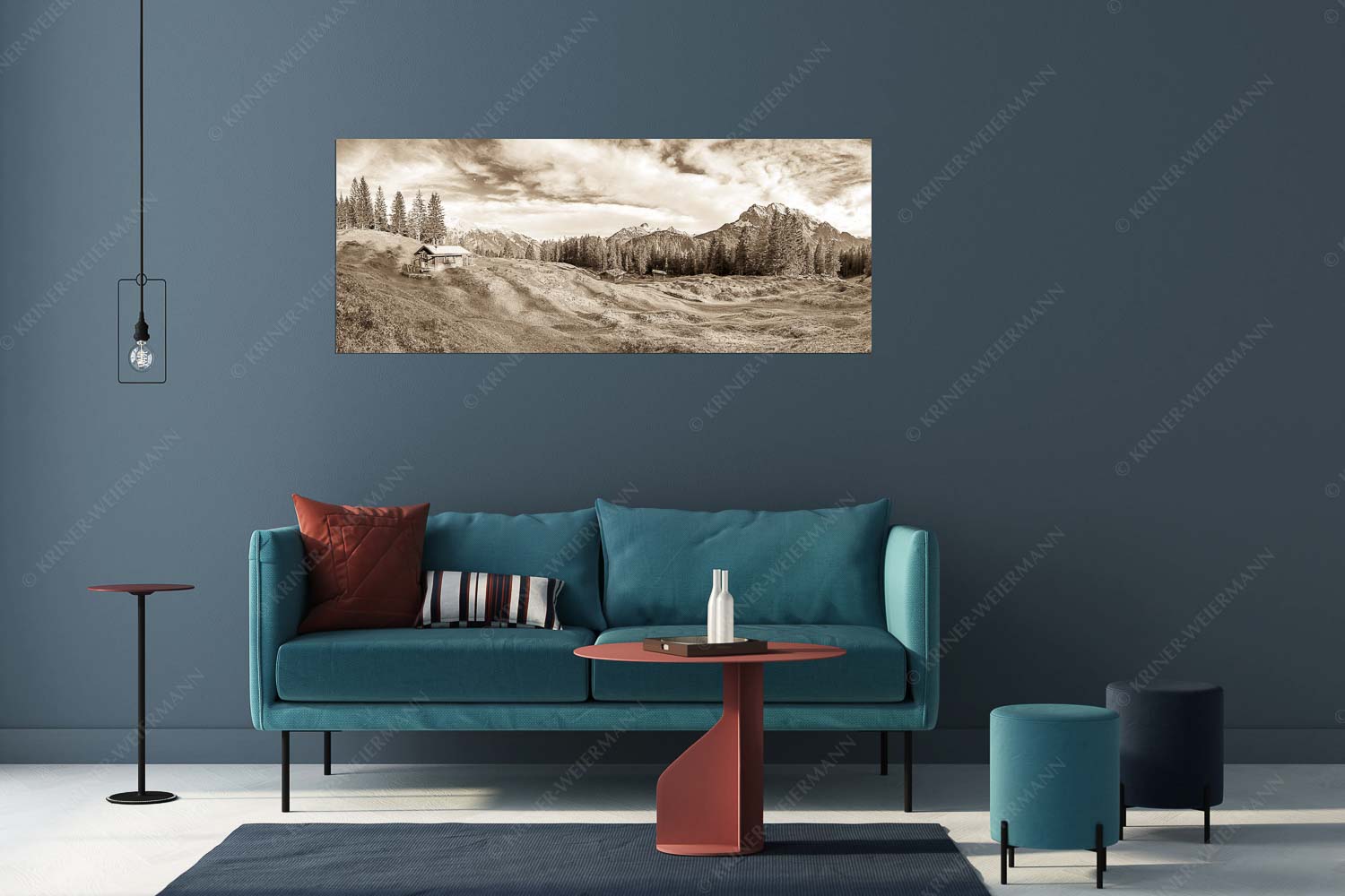 Idylischer Ausblick – Größe ca. 175x70cm, Seitenverhältnis 2,5:1 — Hütte mit Buckelwiesen Blick über Buckelwiesen zu den Arnspitzen und zum Wetterstein - Idylischer Ausblick - Größe ca. 175x70cm, Seitenverhältnis 2,5:1 - Hütte mit Buckelwiesen - weitere Infos unter https://www.kriner-weiermann.de