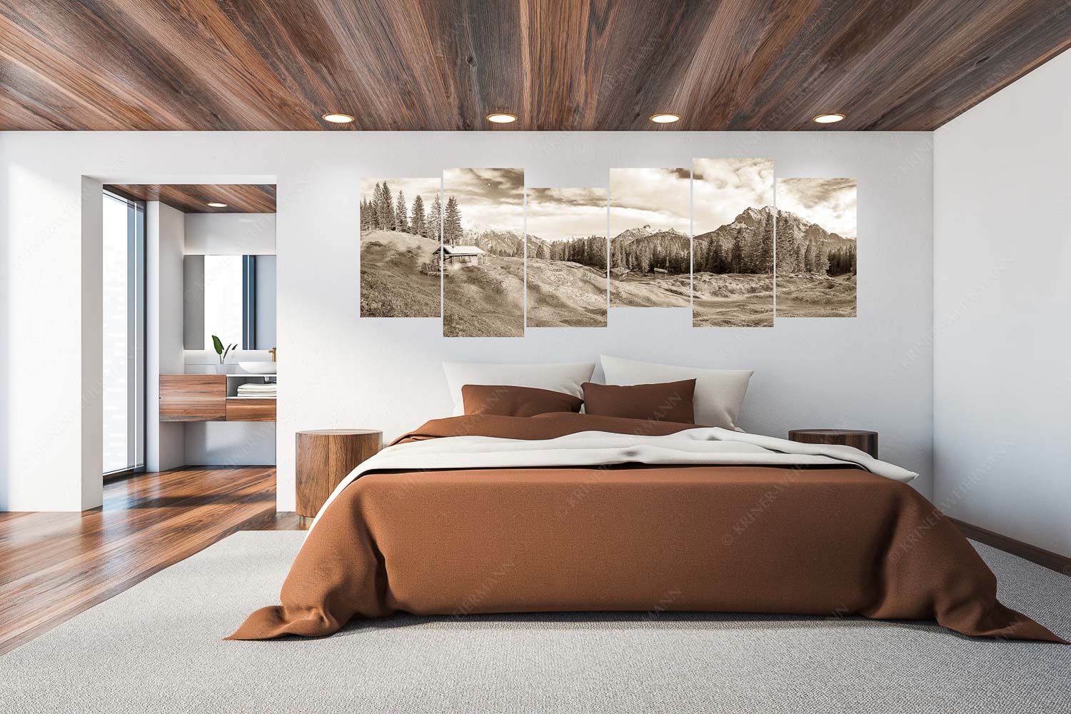 Idylischer Ausblick – 6er Split, Größe ca. 280x112cm, Seitenverhältnis 2,5:1 — Hütte mit Buckelwiesen Blick über Buckelwiesen zu den Arnspitzen und zum Wetterstein - Idylischer Ausblick - 6er Split, Größe ca. 280x112cm, Seitenverhältnis 2,5:1 - Hütte mit Buckelwiesen - weitere Infos unter https://www.kriner-weiermann.de