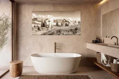 Jungvieh auf der Wallgaueralm mit Karwendelgebirge - Immer mit der Ruhe - Größe ca. 180x90cm, Seitenverhältnis 2:1 - Junge Rinder bei Wallgaueralm - weitere Infos unter https://www.kriner-weiermann.de