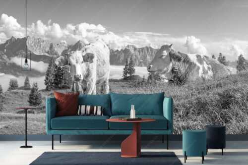 Jungvieh auf der Wallgaueralm mit Karwendelgebirge - Immer mit der Ruhe - Größe ca. 400x200cm, Seitenverhältnis 2: - Junge Rinder bei Wallgaueralm - weitere Infos unter https://www.kriner-weiermann.de