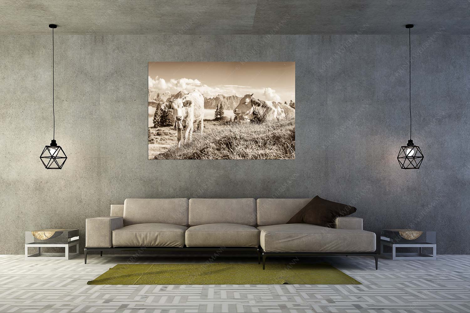 Jungvieh auf der Wallgaueralm mit Karwendelgebirge - Immer mit der Ruhe - Größe ca. 180x120cm, Seitenverhältnis 3: - Junge Rinder bei Wallgaueralm - weitere Infos unter https://www.kriner-weiermann.de