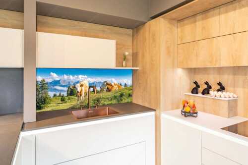 Jungvieh auf der Wallgaueralm mit Karwendelgebirge - Immer mit der Ruhe - Größe ca. 150x60cm, Seitenverhältnis 2,5:1 - Junge Rinder bei Wallgaueralm - weitere Infos unter https://www.kriner-weiermann.de