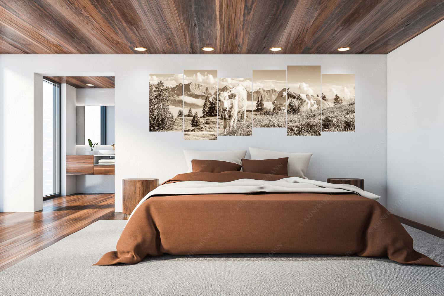 Immer mit der Ruhe – 6er Split, Größe ca. 280x112cm, Seitenverhältnis 2,5:1 — Junge Rinder bei Wallgaueralm Jungvieh auf der Wallgaueralm mit Karwendelgebirge - Immer mit der Ruhe - 6er Split, Größe ca. 280x112cm, Seitenverhältnis 2,5:1 - Junge Rinder bei Wallgaueralm - weitere Infos unter https://www.kriner-weiermann.de