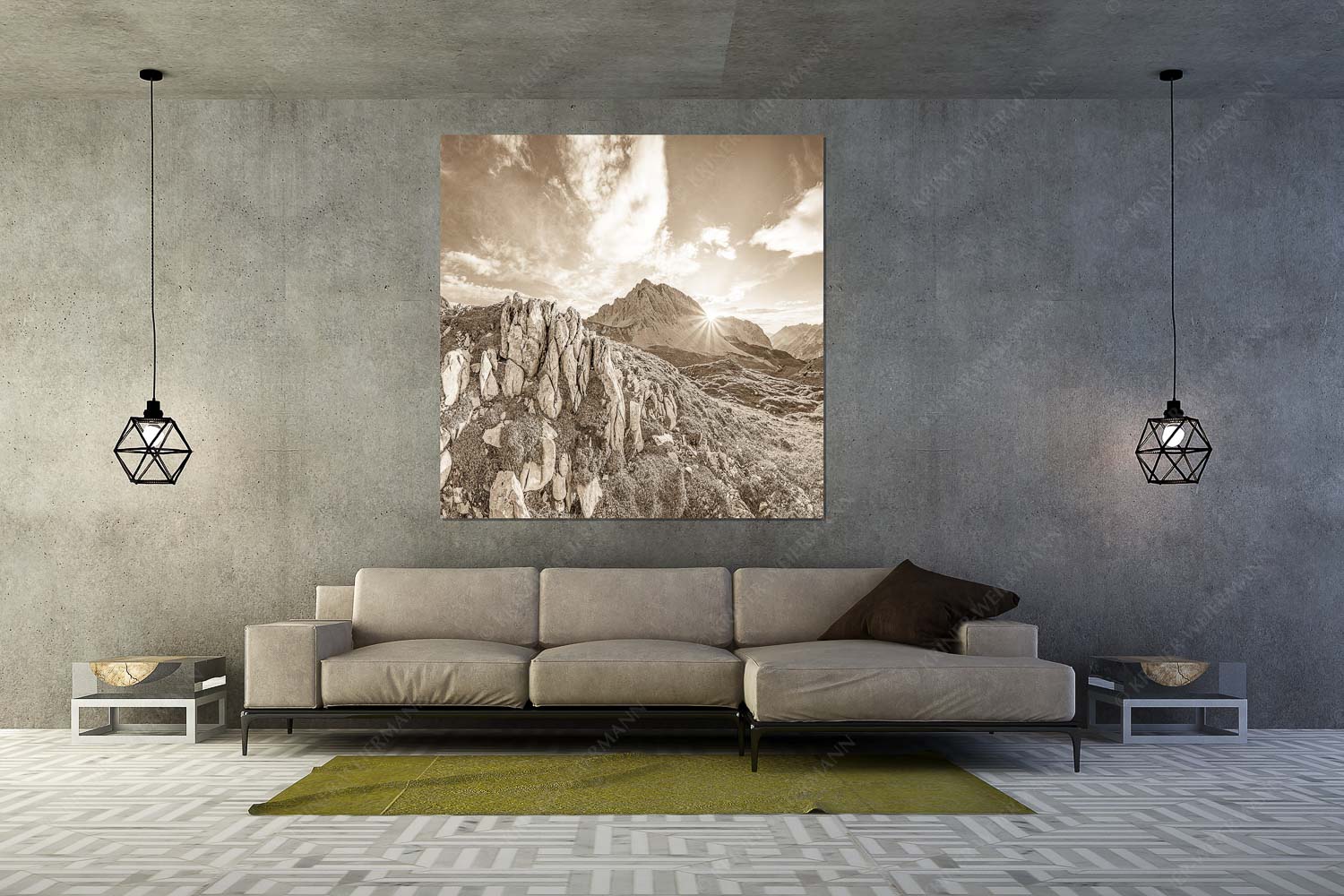 Sonnenuntergang hinter Rumerspitze im Karwendel - In der Pfeis - Größe ca. 160x160cm, Seitenverhältnis 1:1 - Rumerspitze im Karwendel - weitere Infos unter https://www.kriner-weiermann.de