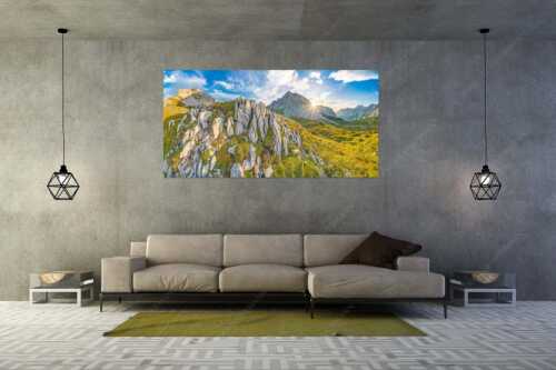 Sonnenuntergang hinter Rumerspitze im Karwendel - In der Pfeis - Größe ca. 200x100cm, Seitenverhältnis 2:1 - Rumerspitze im Karwendel - weitere Infos unter https://www.kriner-weiermann.de