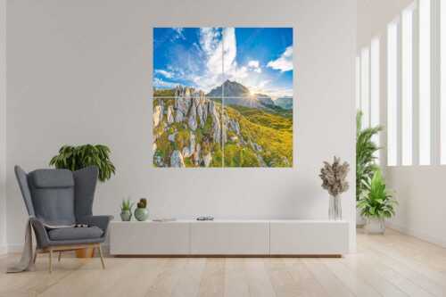 Sonnenuntergang hinter Rumerspitze im Karwendel - In der Pfeis - 4er Split, Größe ca. 180x180cm, Seitenverhältnis 1:1 - Rumerspitze im Karwendel - weitere Infos unter https://www.kriner-weiermann.de