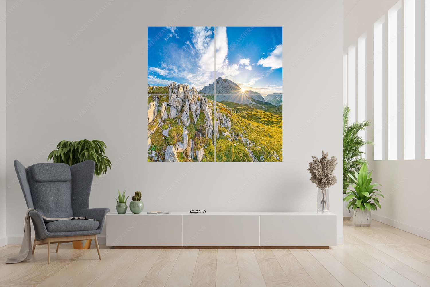 Sonnenuntergang hinter Rumerspitze im Karwendel - In der Pfeis - 4er Split, Größe ca. 180x180cm, Seitenverhältnis 1:1 - Rumerspitze im Karwendel - weitere Infos unter https://www.kriner-weiermann.de