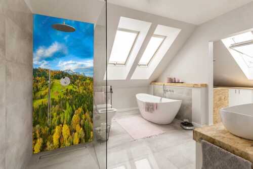Blick über Herbstwald zum Zugspitzmassiv im Wettertsteingebirge - Indian Summer Dahoam II - Größe ca. 110x220cm, Seitenverhältnis 1:2 - Herbstfarben am Wamberg mit Wetterstein - weitere Infos unter https://www.kriner-weiermann.de