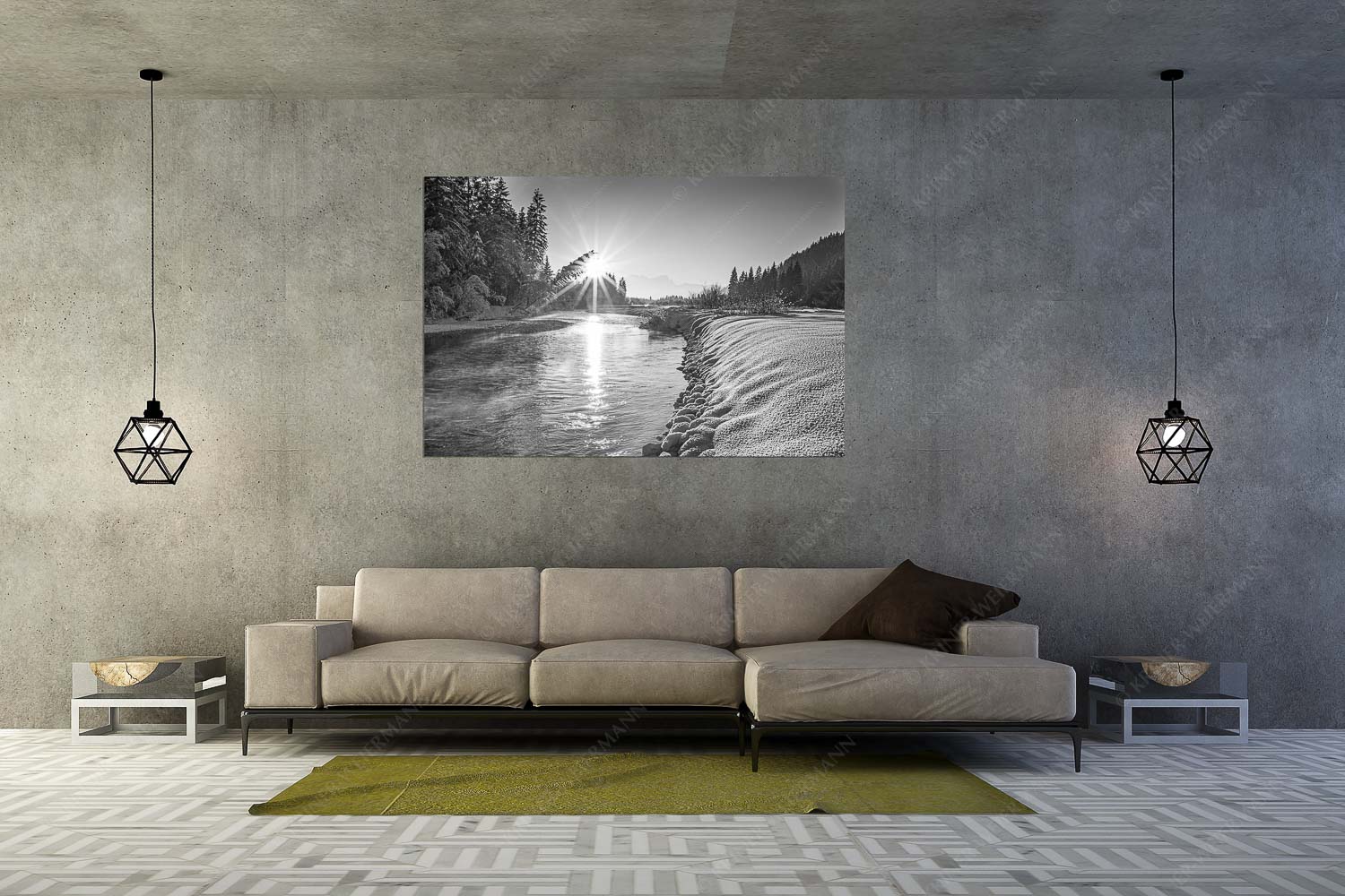 Isarreggae – Größe ca. 180x120cm, Seitenverhältnis 3:2 — Isar im Sonnenuntergang Sonnenuntergang an der Isar mit Zugspitze im Hintergrund - Isarreggae - Größe ca. 180x120cm, Seitenverhältnis 3:2 - Isar im Sonnenuntergang - weitere Infos unter https://www.kriner-weiermann.de