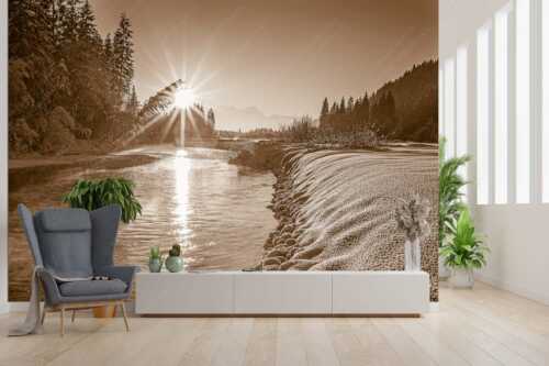 Sonnenuntergang an der Isar mit Zugspitze im Hintergrund - Isarreggae - Größe ca. 300x200cm, Seitenverhältnis 3:2 - Isar im Sonnenuntergang - weitere Infos unter https://www.kriner-weiermann.de