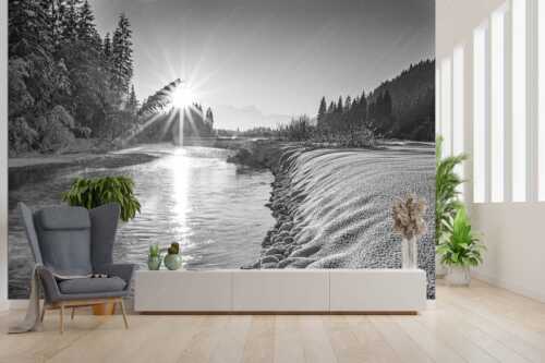 Sonnenuntergang an der Isar mit Zugspitze im Hintergrund - Isarreggae - Größe ca. 300x200cm, Seitenverhältnis 3:2 - Isar im Sonnenuntergang - weitere Infos unter https://www.kriner-weiermann.de