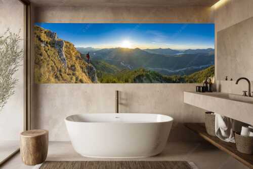 Blick übers Isartal und Walchensee in den Sonnenuntergang - Isartal und Walchensee - Größe ca. 300x100cm, Seitenverhältnis 3:1 - Bergsteiger blickt ins Obere Isartal - weitere Infos unter https://www.kriner-weiermann.de