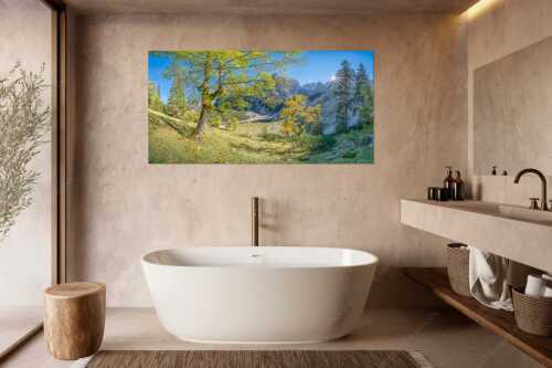 Letzte Sonne im Oberreintal im Wetterstein - Keiner mehr da! - Wandbild - Größe ca. 180x90cm, Seitenverhältnis 2:1 - Herbst Ahorn mit Oberreintalhütte - weitere Infos unter https://www.kriner-weiermann.de