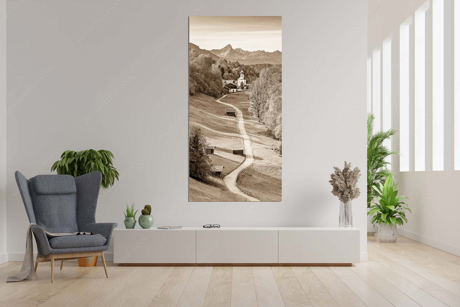 Kircherl – Größe ca. 90x180cm, Seitenverhältnis 1:2 — Wamberg mit Daniel Blick über Kirche St. Anna in Wamberg zum Waxenstein - Kircherl - Größe ca. 90x180cm, Seitenverhältnis 1:2 - Wamberg mit Daniel - weitere Infos unter https://www.kriner-weiermann.de