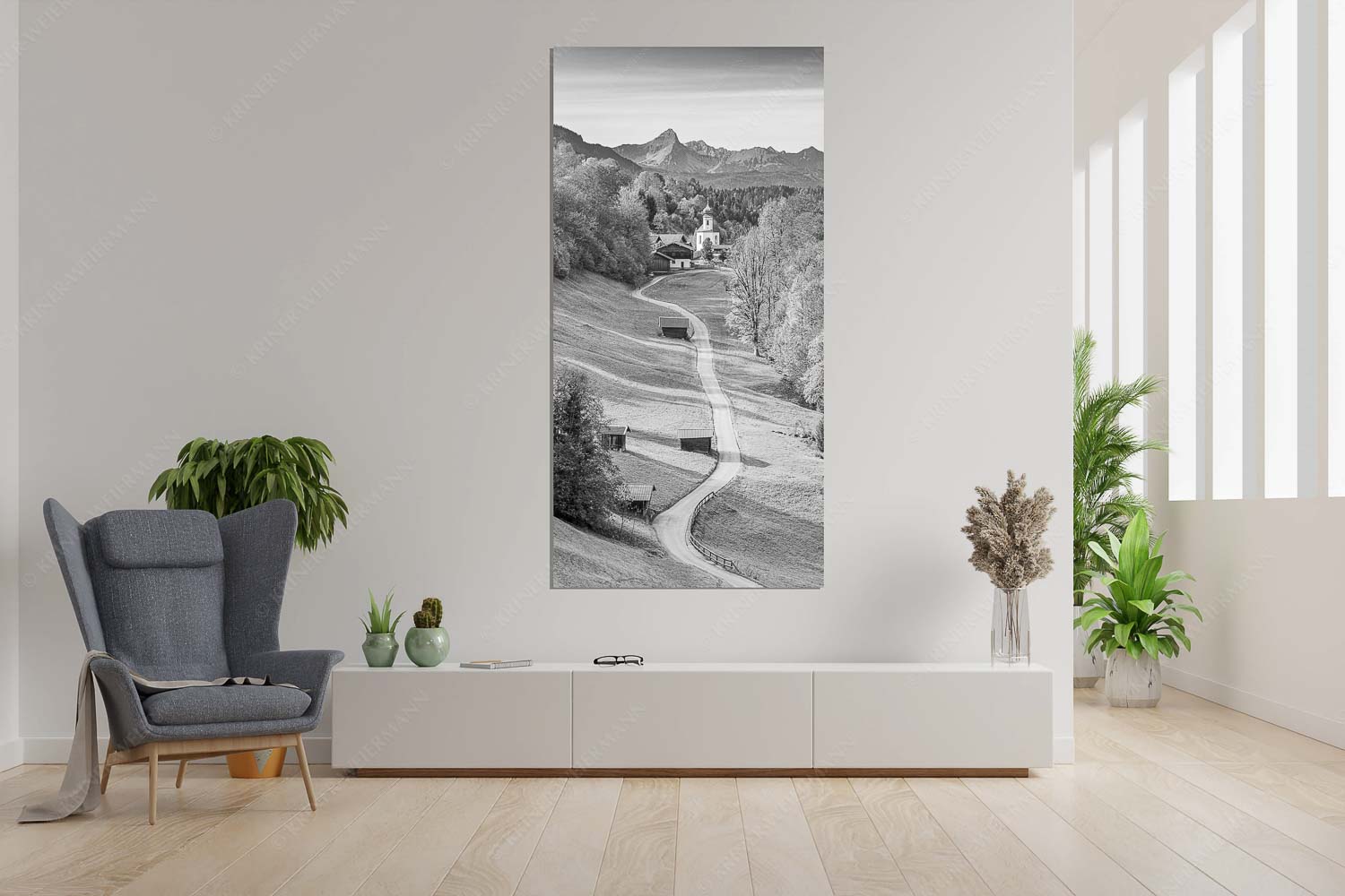 Blick über Kirche St. Anna in Wamberg zum Waxenstein - Kircherl - Größe ca. 90x180cm, Seitenverhältnis 1:2 - Wamberg mit Daniel - weitere Infos unter https://www.kriner-weiermann.de