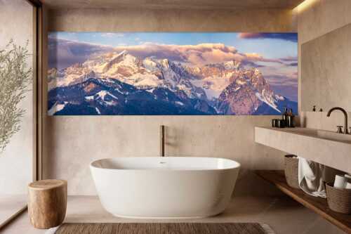 Blick auf Zugspitzmassiv mit Alpspitze, Zugspitze und Waxenstein - Klassikerkette - Größe ca. 300x100cm, Seitenverhältnis 3:1 - Alpspitze Zugspitze und Waxenstein - weitere Infos unter https://www.kriner-weiermann.de