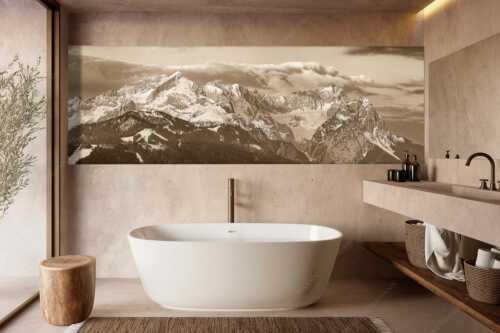 Blick auf Zugspitzmassiv mit Alpspitze, Zugspitze und Waxenstein - Klassikerkette - Größe ca. 300x100cm, Seitenverhältnis 3:1 - Alpspitze Zugspitze und Waxenstein - weitere Infos unter https://www.kriner-weiermann.de
