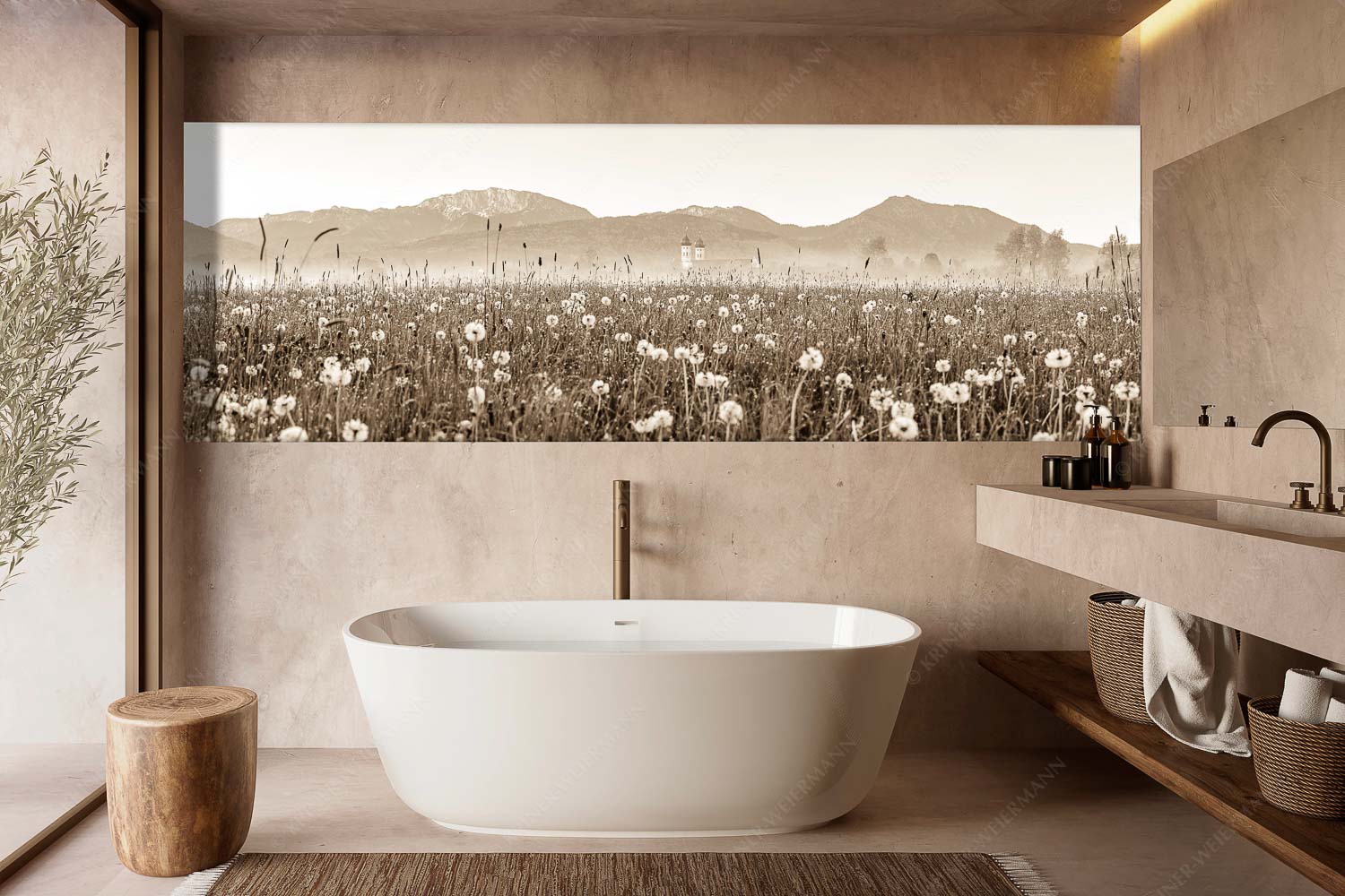 Klosters Vorgarten – Größe ca. 300x100cm, Seitenverhältnis 3: — Löwenzahn Benediktbeuern Benediktenwand Kloster Benediktbeuern mit Benediktenwand im Hintergrund - Klosters Vorgarten - Größe ca. 300x100cm, Seitenverhältnis 3: - Löwenzahn Benediktbeuern Benediktenwand - weitere Infos unter https://www.kriner-weiermann.de