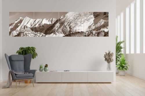 Schachenschloss auf der Wetterstein-Nordseite strahlt in der Wintersonne - Königlich - 4er Split, Größe ca. 280x70cm, Seitenverhältnis 4:1 - Schachenschloss im Winter - weitere Infos unter https://www.kriner-weiermann.de