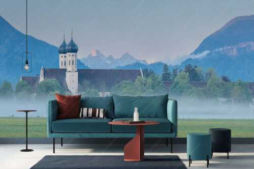 Morgenstimmung am Kloster in Benediktbeuern mit Blick auf die Arnspitzen - Kontemplation - Größe ca. 400x200cm, Seitenverhältnis 2:1 - Kloster Benediktbeuern - weitere Infos unter https://www.kriner-weiermann.de