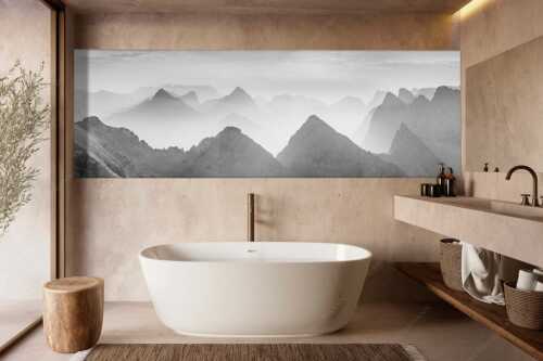 Blick über Moserkarspitze und Lalidererspitze in den Sonnenaufgang - Konturen - Größe ca. 300x100cm, Seitenverhältnis 3:1 - Silhouetten im Karwendel - weitere Infos unter https://www.kriner-weiermann.de