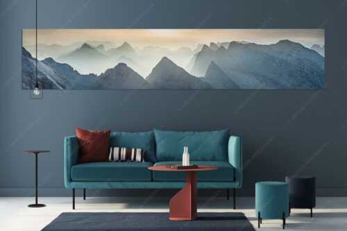 Blick über Moserkarspitze und Lalidererspitze in den Sonnenaufgang - Konturen - Größe ca. 350x70cm, Seitenverhältnis 5:1 - Silhouetten im Karwendel - weitere Infos unter https://www.kriner-weiermann.de
