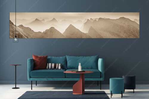 Blick über Moserkarspitze und Lalidererspitze in den Sonnenaufgang - Konturen - Größe ca. 350x70cm, Seitenverhältnis 5:1 - Silhouetten im Karwendel - weitere Infos unter https://www.kriner-weiermann.de