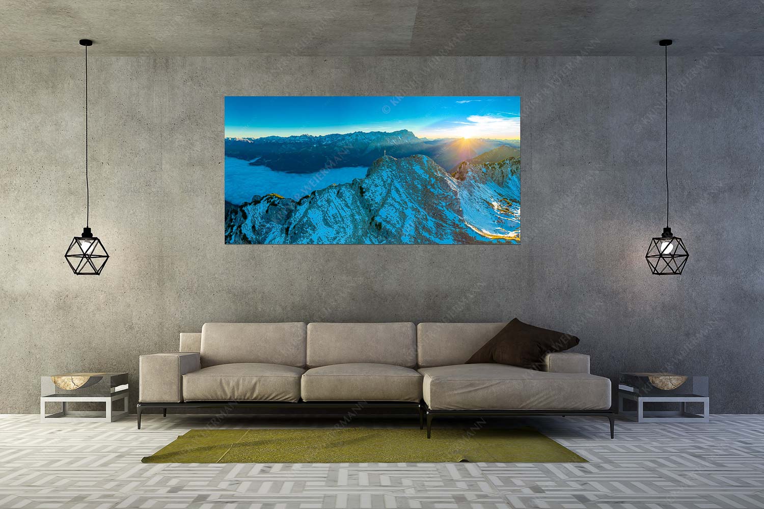 Kramer vor Zugspitze – Größe ca. 200x100cm, Seitenverhältnis 2:1 — Nebel im Loisachtal Blick über Kramer zur Zugspitze am Sonnenuntergang - Kramer vor Zugspitze - Größe ca. 200x100cm, Seitenverhältnis 2:1 - Nebel im Loisachtal - weitere Infos unter https://www.kriner-weiermann.de