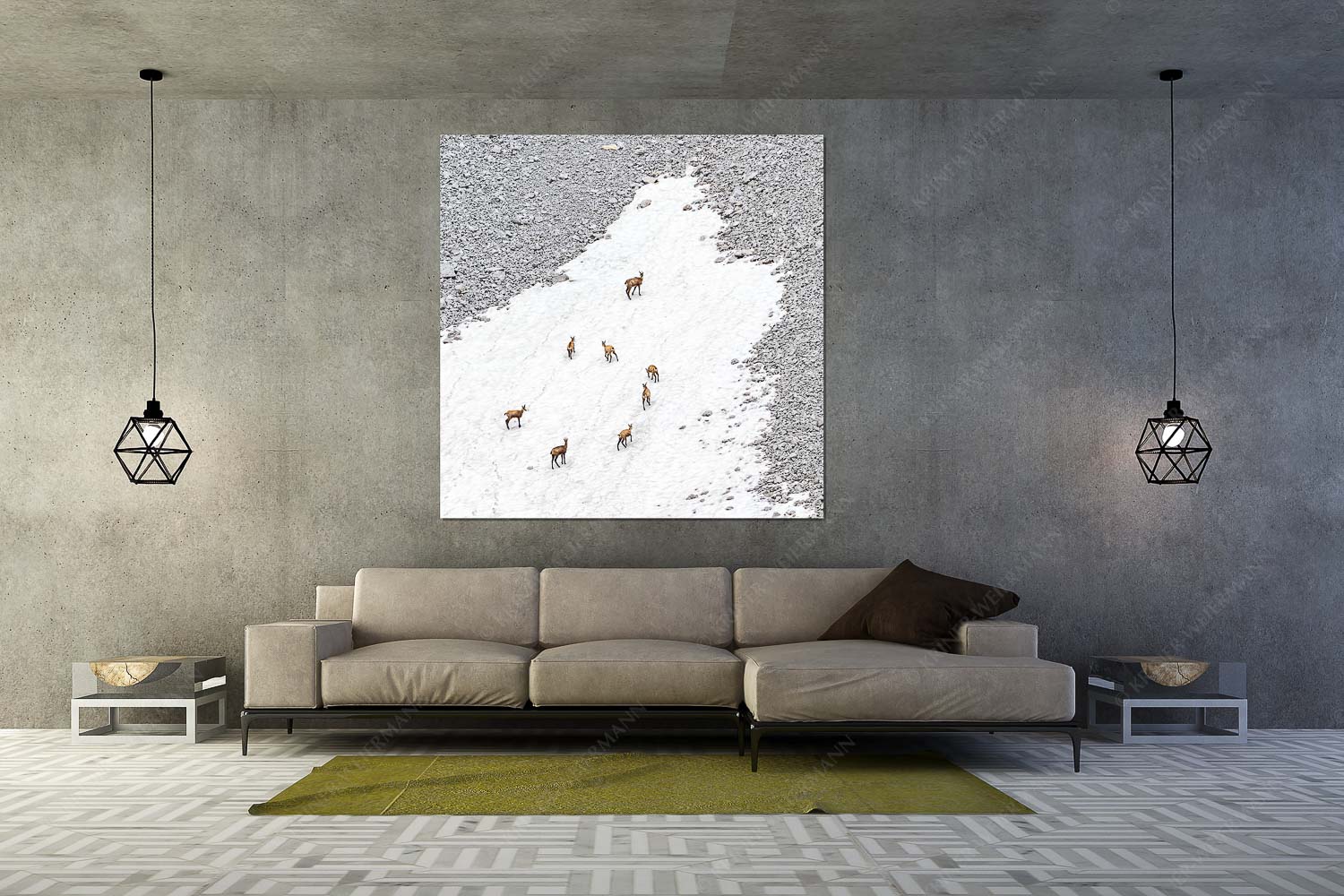 Gams auf Schneeresten unterwegs im Karwendelgebirge - Kreisverkehr - Größe ca. 160x160cm, Seitenverhältnis 1:1 - Gämsen im Karwendel - weitere Infos unter https://www.kriner-weiermann.de