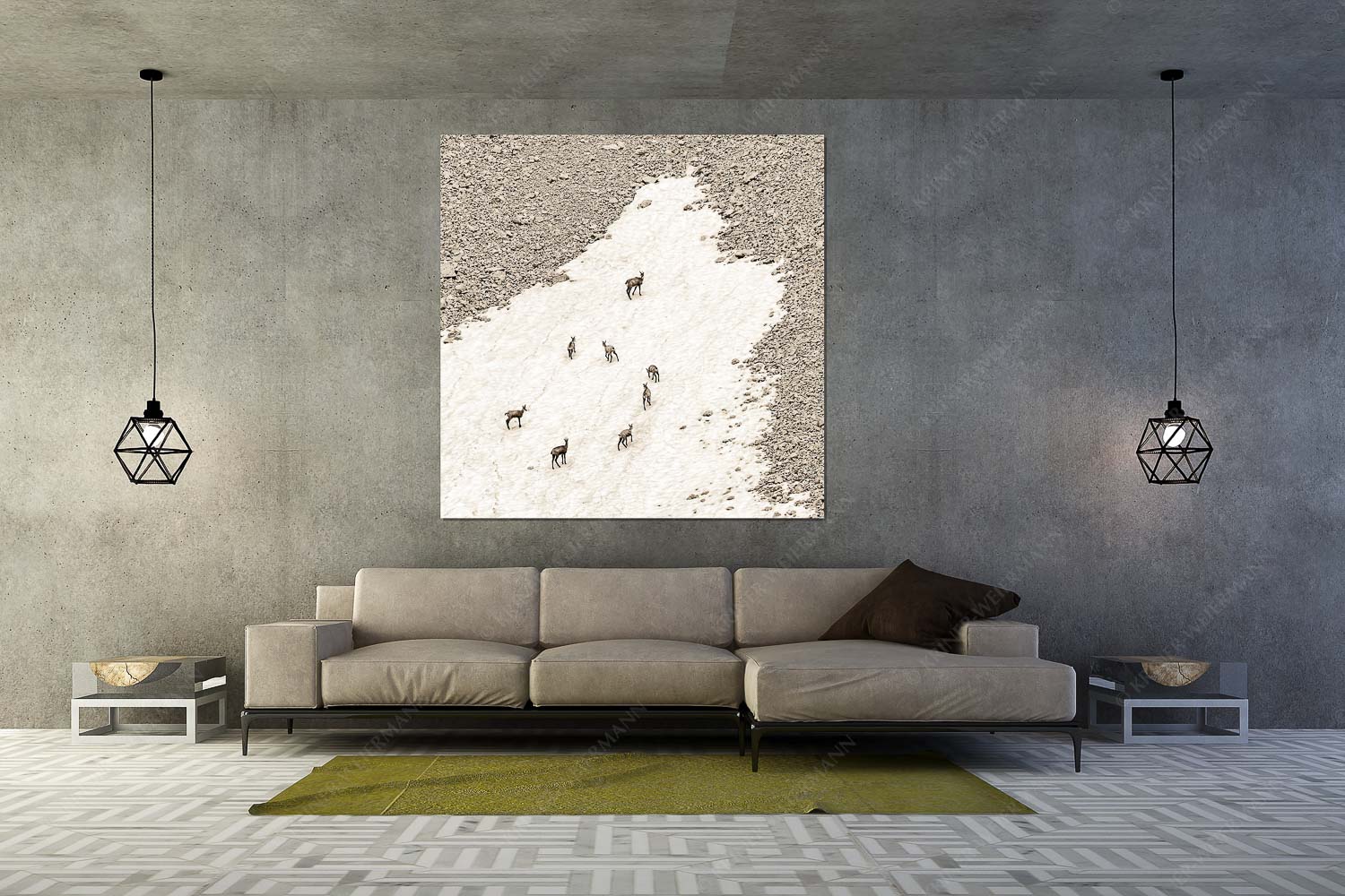 Gams auf Schneeresten unterwegs im Karwendelgebirge - Kreisverkehr - Größe ca. 160x160cm, Seitenverhältnis 1:1 - Gämsen im Karwendel - weitere Infos unter https://www.kriner-weiermann.de