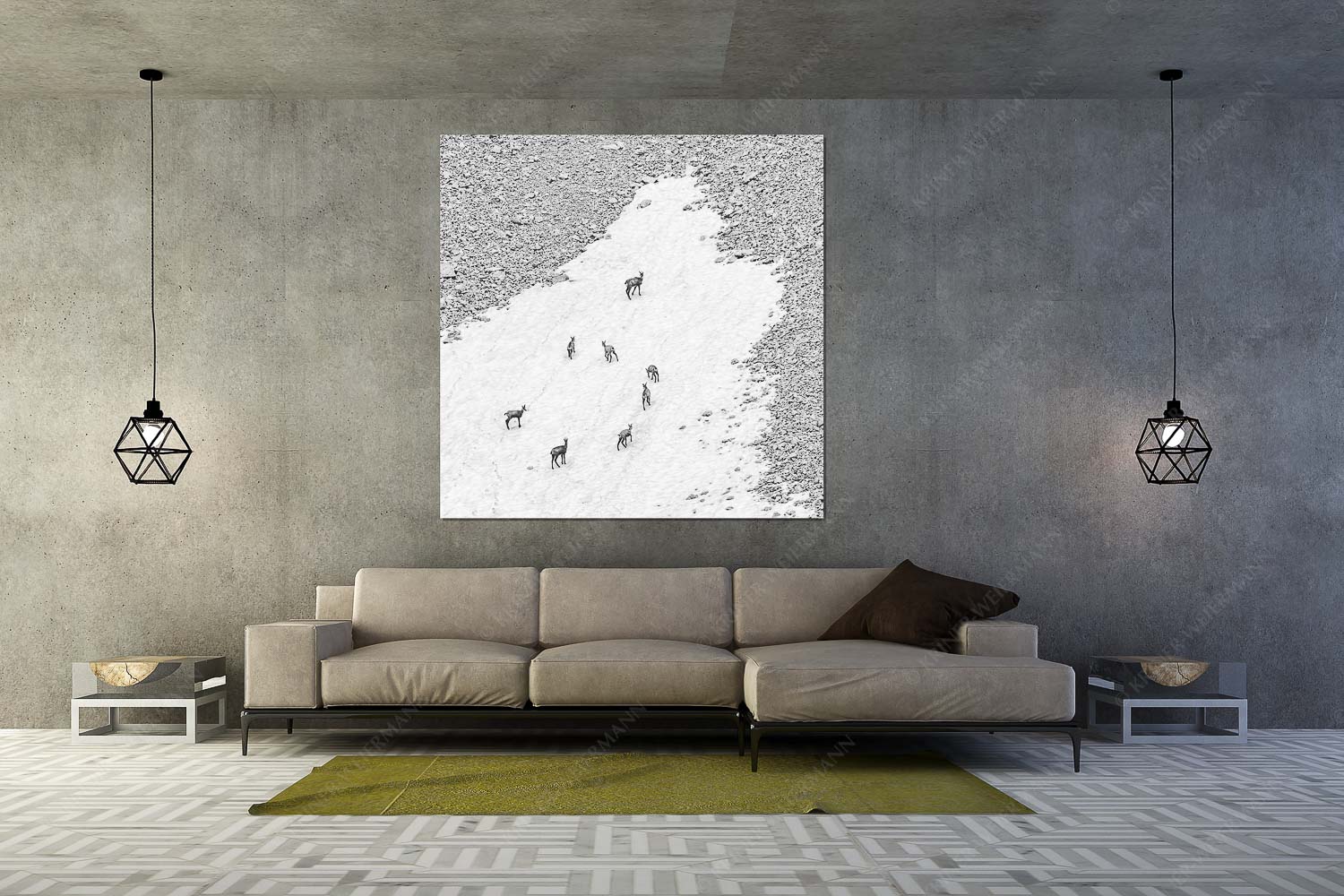 Gams auf Schneeresten unterwegs im Karwendelgebirge - Kreisverkehr - Größe ca. 160x160cm, Seitenverhältnis 1:1 - Gämsen im Karwendel - weitere Infos unter https://www.kriner-weiermann.de