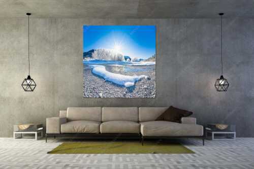 Isar miit Karwendel und Arnspitzen - Kristallteppich - Größe ca. 160x160cm, Seitenverhältnis 1:1 - Schnee an der Isar - weitere Infos unter https://www.kriner-weiermann.de