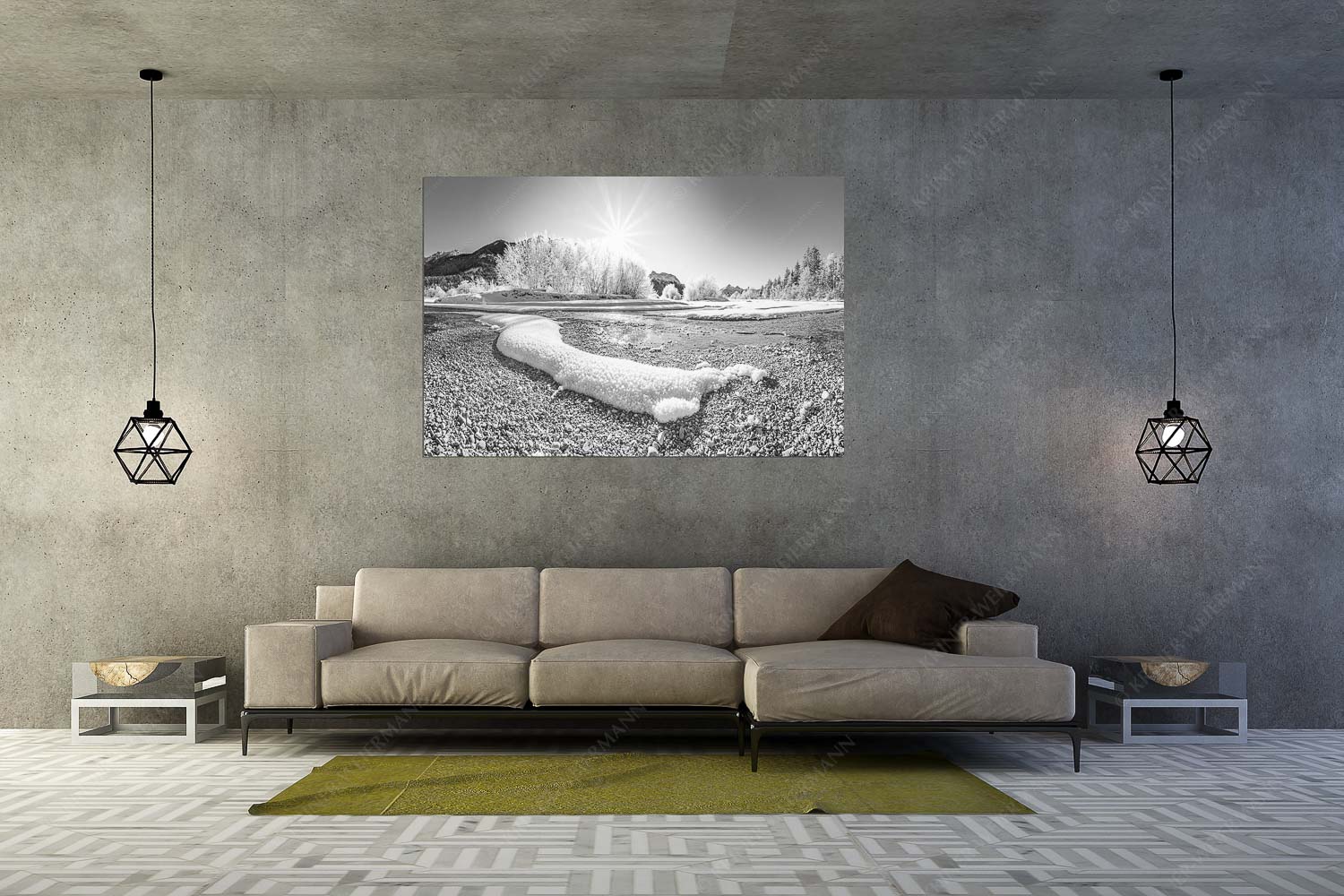 Kristallteppich – Größe ca. 180x120cm, Seitenverhältnis 3:2 — Schnee an der Isar Isar miit Karwendel und Arnspitzen - Kristallteppich - Größe ca. 180x120cm, Seitenverhältnis 3:2 - Schnee an der Isar - weitere Infos unter https://www.kriner-weiermann.de