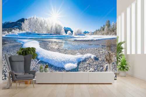 Isar miit Karwendel und Arnspitzen - Kristallteppich - Größe ca. 300x200cm, Seitenverhältnis 3:2 - Schnee an der Isar - weitere Infos unter https://www.kriner-weiermann.de