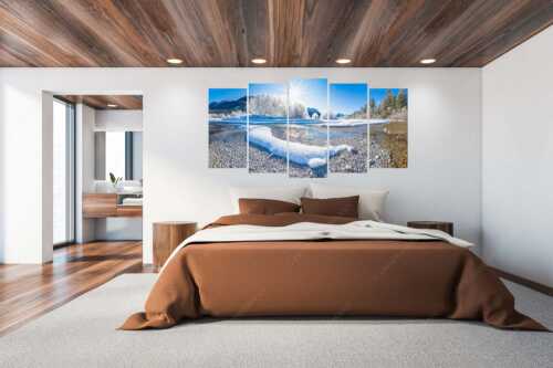 Isar miit Karwendel und Arnspitzen - Kristallteppich - 5er Split, Größe ca. 200x100cm, Seitenverhältnis 2:1 - Schnee an der Isar - weitere Infos unter https://www.kriner-weiermann.de