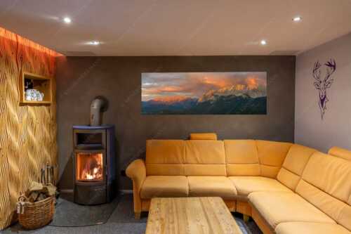 Abendrot im Wetterstein- und Karwendelgebirge - Kurzes Spektakel - Größe ca. 180x60cm, Seitenverhältnis 3:1 - Abendstimmung am Wetterstein - weitere Infos unter https://www.kriner-weiermann.de
