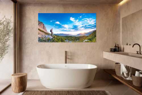 Blick vom Wetterstein über das Obere Isartal in den Sonnenaufgang am Soierngebirge - Latschenmeer - Größe ca. 180x90cm, Seitenverhältnis 2:1 - Wanderer im Wettersteingebirge - weitere Infos unter https://www.kriner-weiermann.de