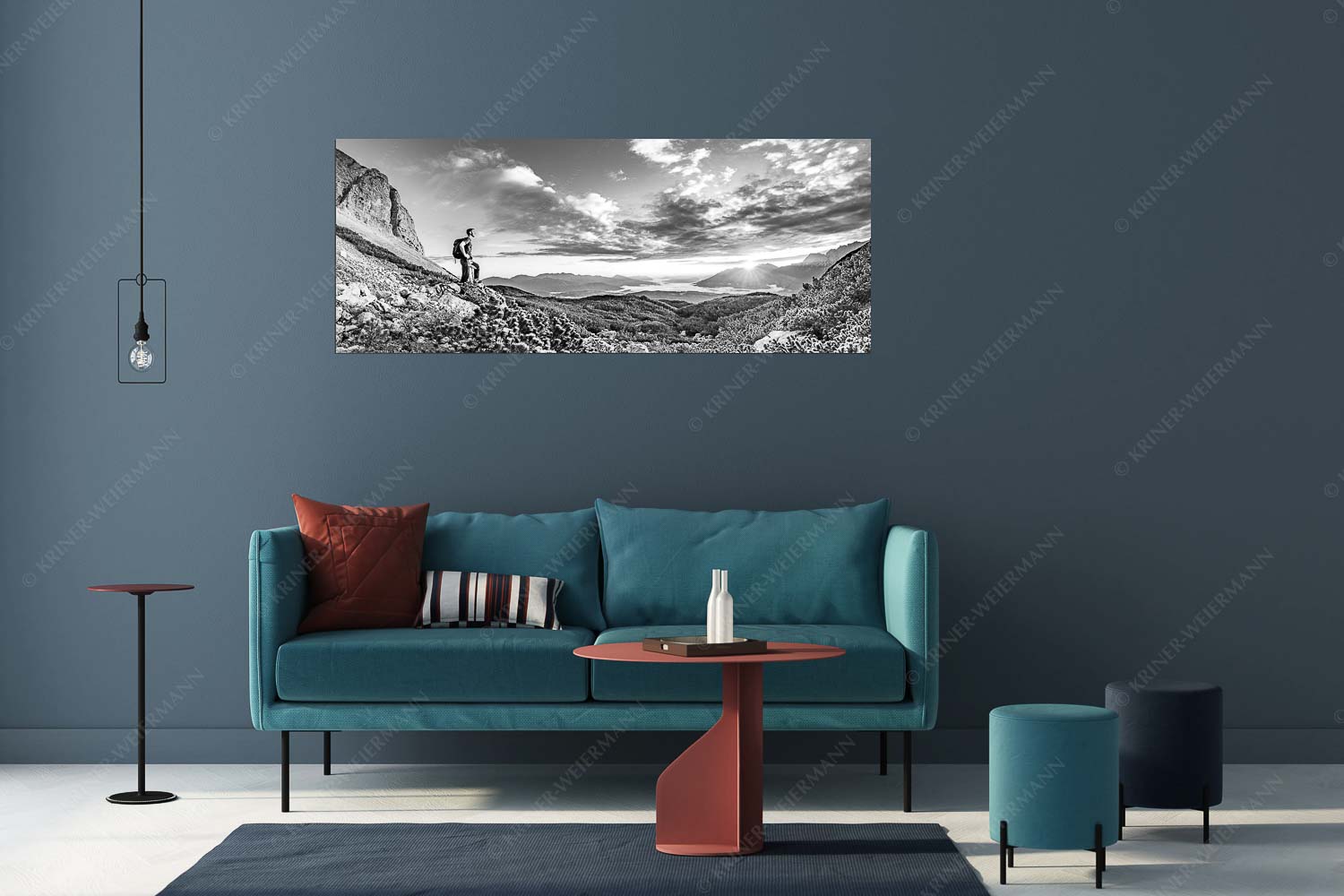 Latschenmeer – Größe ca. 175x70cm, Seitenverhältnis 2,5:1 — Wanderer im Wettersteingebirge Blick vom Wetterstein über das Obere Isartal in den Sonnenaufgang am Soierngebirge - Latschenmeer - Größe ca. 175x70cm, Seitenverhältnis 2,5:1 - Wanderer im Wettersteingebirge - weitere Infos unter https://www.kriner-weiermann.de