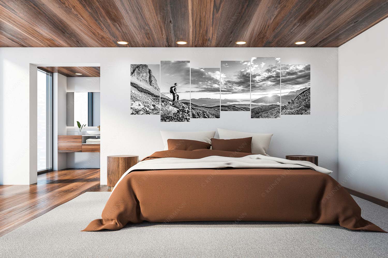 Latschenmeer – 6er Split, Größe ca. 280x112cm, Seitenverhältnis 2,5:1 — Wanderer im Wettersteingebirge Blick vom Wetterstein über das Obere Isartal in den Sonnenaufgang am Soierngebirge - Latschenmeer - 6er Split, Größe ca. 280x112cm, Seitenverhältnis 2,5:1 - Wanderer im Wettersteingebirge - weitere Infos unter https://www.kriner-weiermann.de