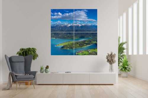 Im Frühling fasziniert der Kontrast zwischen Schnee in den Bergen und dem frischen Grün im Tal - Lebenskraft - 4er Split, Größe ca. 180x180cm, Seitenverhältnis 1:1 - Walchensee mit Karwendel - weitere Infos unter https://www.kriner-weiermann.de
