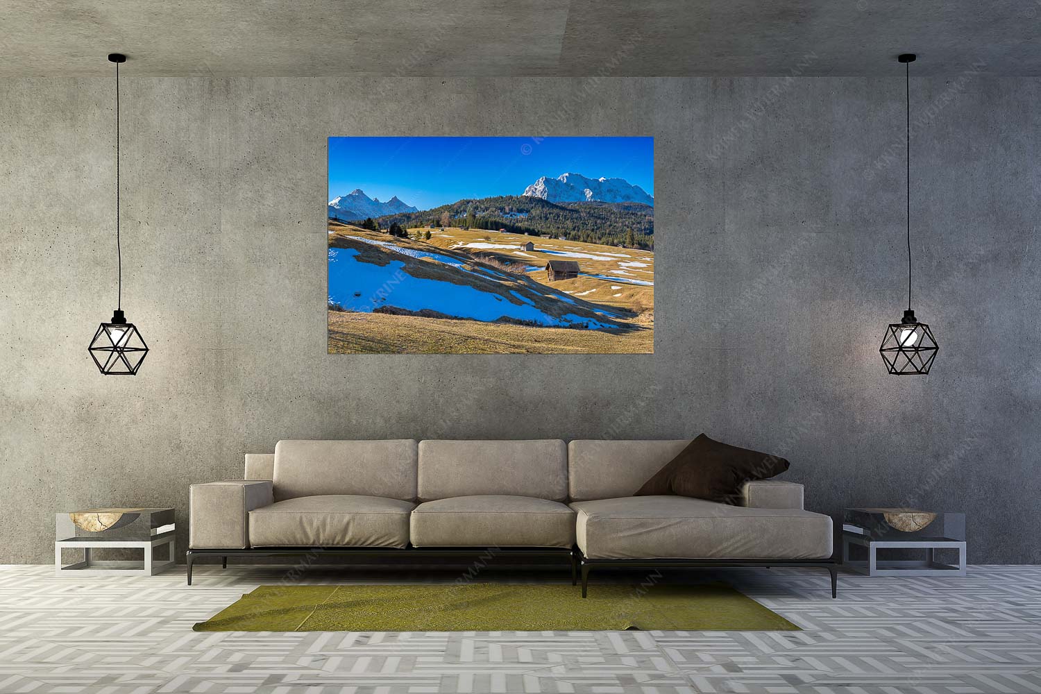 Letzte Reste – Größe ca. 180x120cm, Seitenverhältnis 3:2 — Heustadel mit Wettersteingebirge Blick über Buckelwiesen zu den Arnspitzen und Wettersteingebirge - Letzte Reste - Größe ca. 180x120cm, Seitenverhältnis 3:2 - Heustadel mit Wettersteingebirge - weitere Infos unter https://www.kriner-weiermann.de