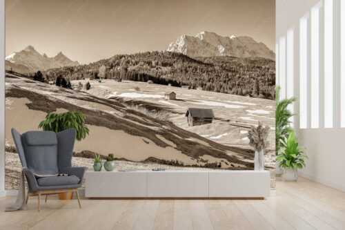 Blick über Buckelwiesen zu den Arnspitzen und Wettersteingebirge - Letzte Reste - Größe ca. 300x200cm, Seitenverhältnis 3:2 - Heustadel mit Wettersteingebirge - weitere Infos unter https://www.kriner-weiermann.de