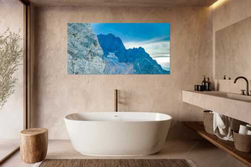 Klettern am Höllentorkopf mit Höllental und Zugspitze im Hintergrund - Letzte Seillänge - Größe ca. 180x90cm, Seitenverhältnis 2:1 - Klettern am Höllentorkopf im Wetterstein - weitere Infos unter https://www.kriner-weiermann.de