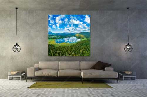 Blick über den Barmsee ins Wettersteingebirge - Lieblingssee II - Größe ca. 160x160cm, Seitenverhältnis 1:1 - Luftaufnahme Barmsee mit Wetterstein - weitere Infos unter https://www.kriner-weiermann.de